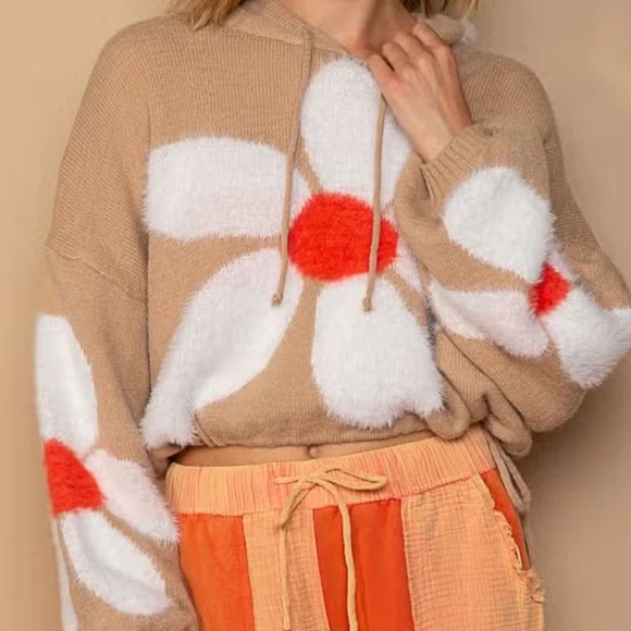 POL Sweaters - POL Mocha Floral Hoodie Soft Cozy Slouchy Drawstring Hem Sweater Sweatshirt L